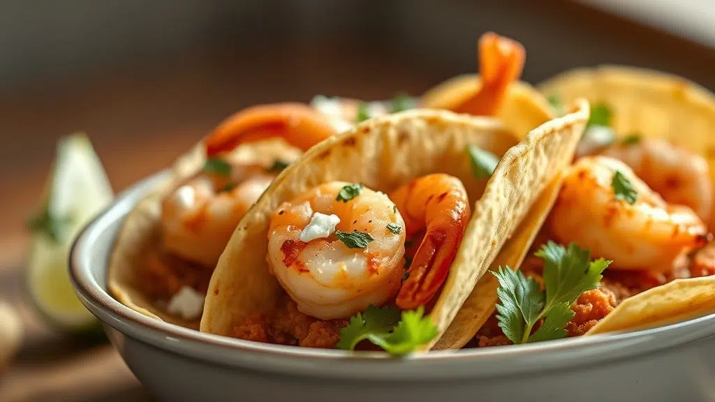 Close-up of shrimp tacos [chef-tested, 16 ingredients, crispy] ready to serve