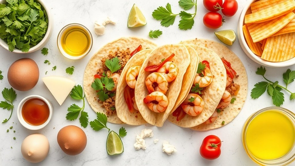 Ingredients for shrimp tacos [chef-tested, 16 ingredients, crispy] arranged before cooking