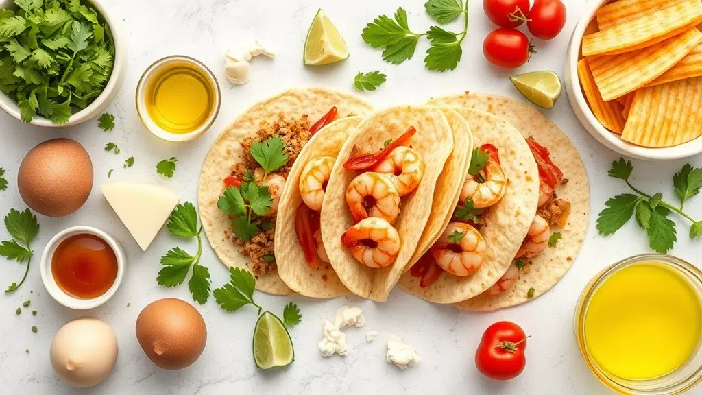 Ingredients for shrimp tacos [chef-tested, 16 ingredients, crispy] arranged before cooking