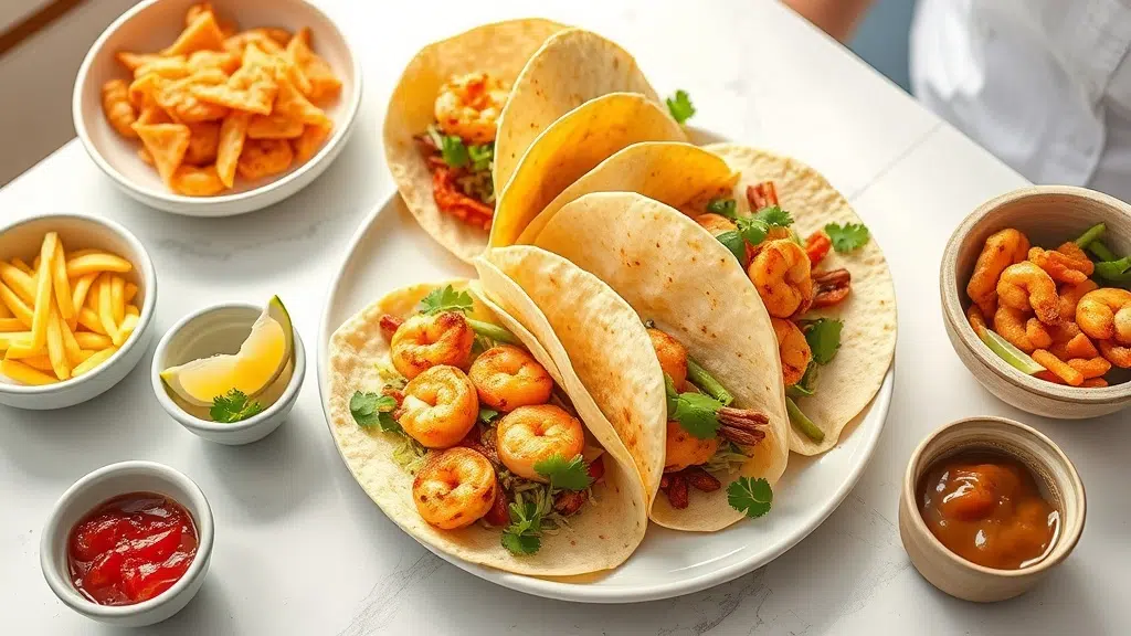 shrimp tacos [chef-tested, 16 ingredients, crispy] served with complementary sides
