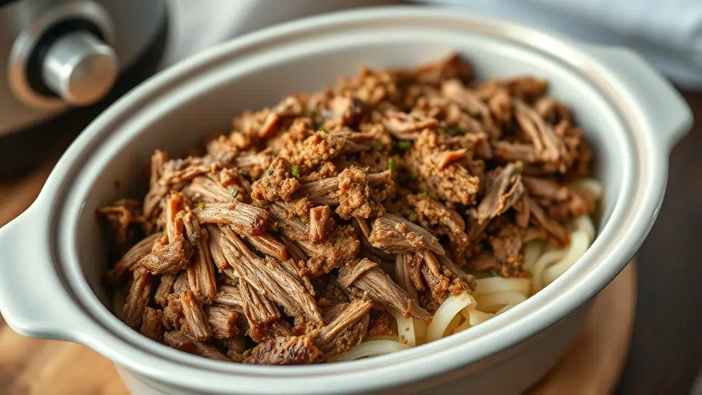 Close-up of slow cooker pulled pork ready to serve