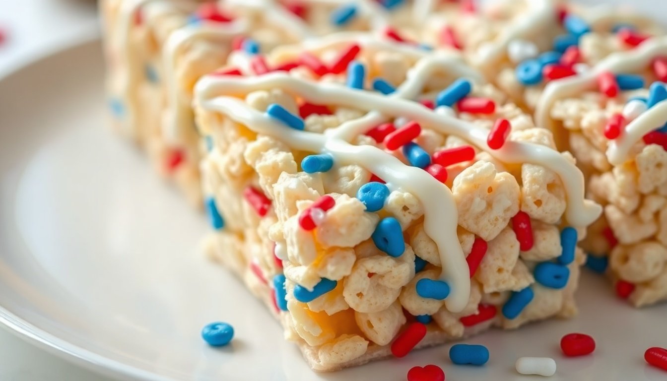 Close-up of stars and stripes cereal treats with white chocolate drizzle and red, white, and blue sprinkles