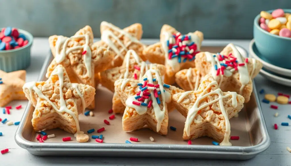Stars and stripes cereal treats with white chocolate drizzle and red, white, and blue sprinkles