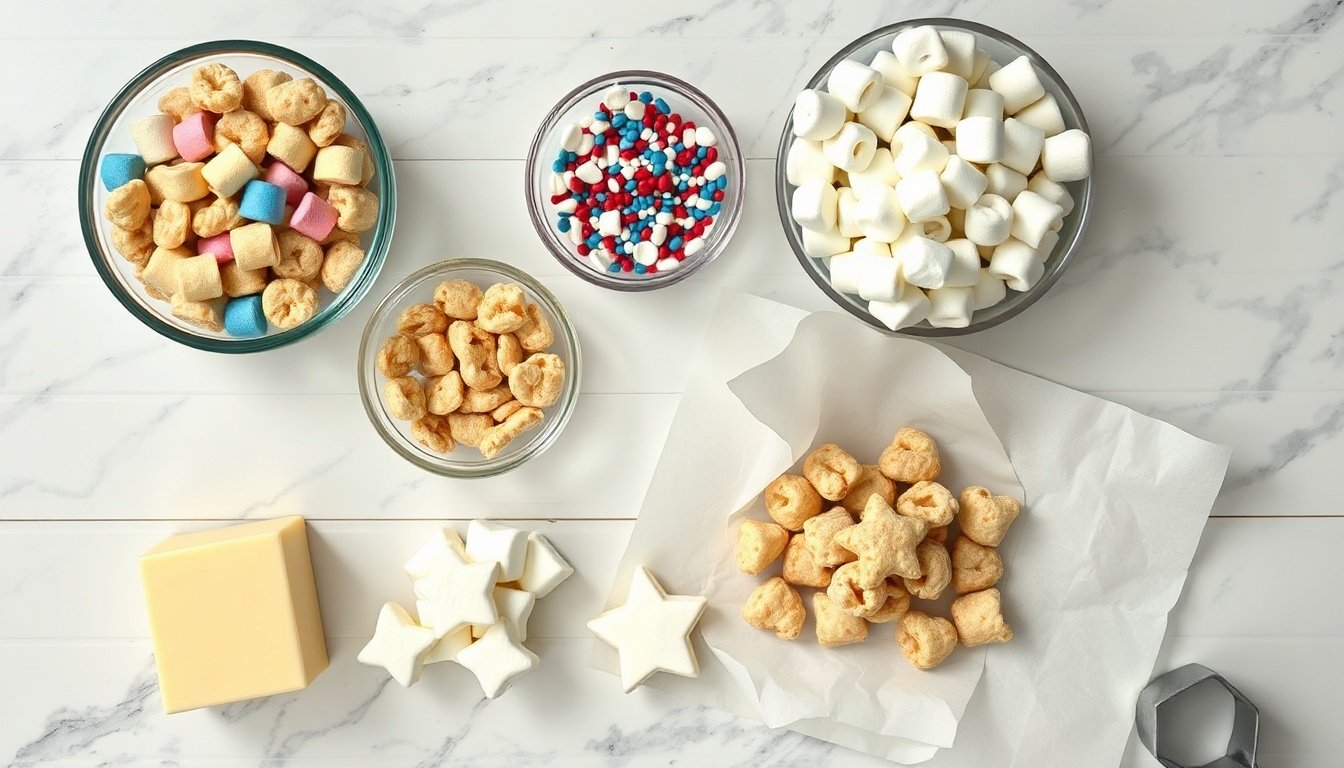 Ingredients for stars and stripes cereal treats with cereal, marshmallows, butter, white chocolate, and sprinkles