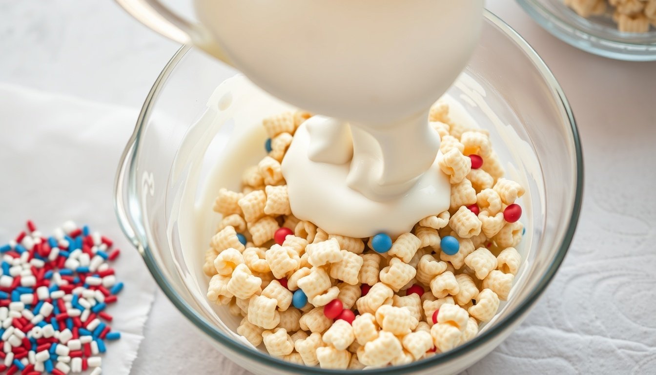Melted marshmallow mixture being folded into crispy cereal with patriotic sprinkles