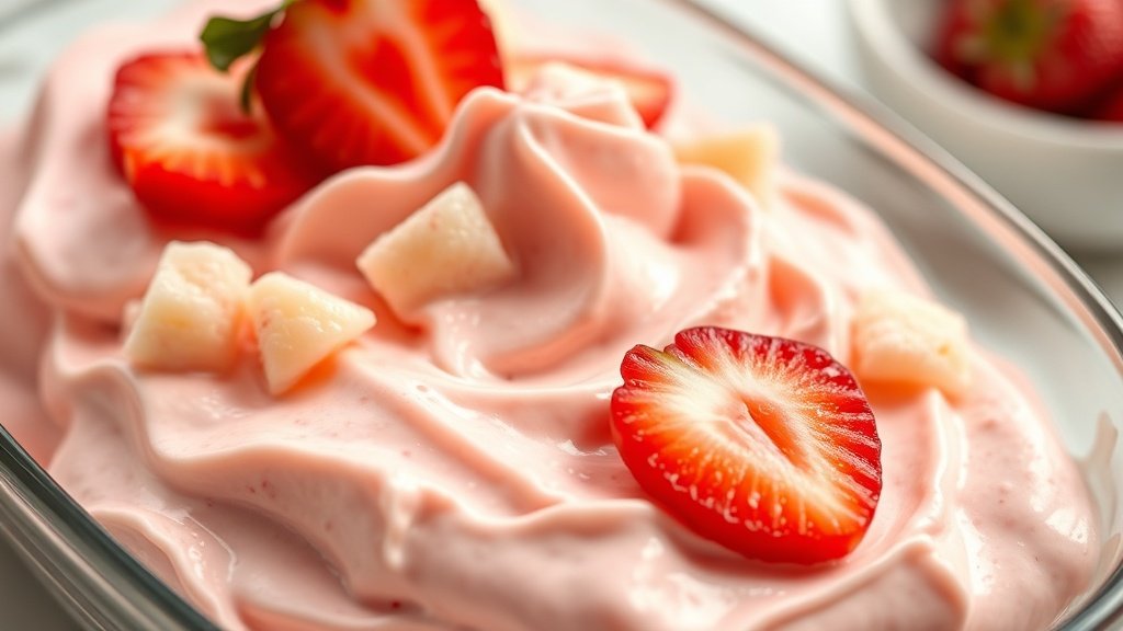 Close-up of strawberry dole whip delight ready to serve