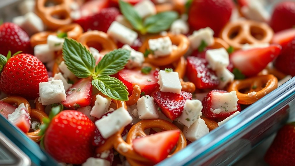 Close-up of strawberry pretzel salad ready to serve