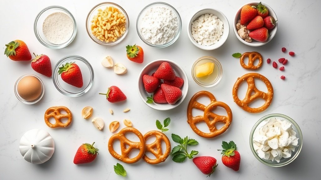 Ingredients for strawberry pretzel salad arranged before cooking