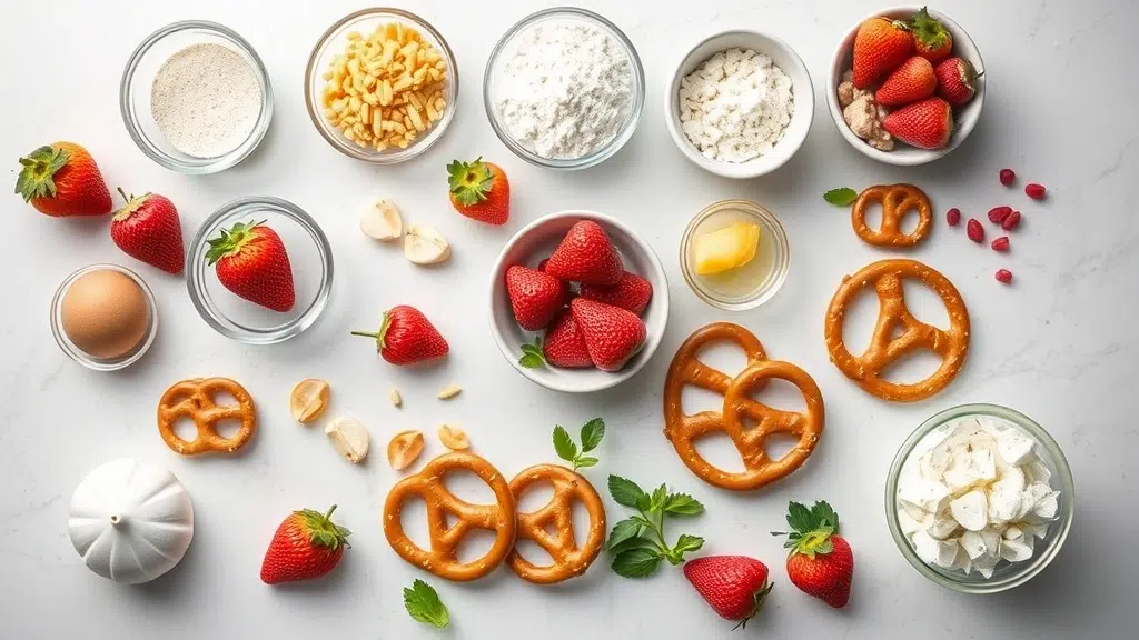 Ingredients for strawberry pretzel salad arranged before cooking