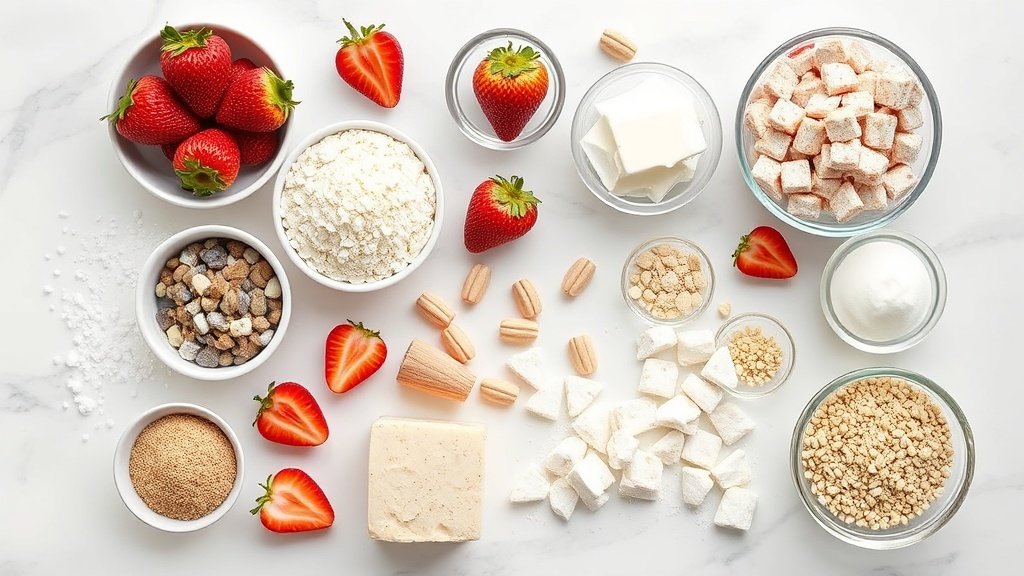 Ingredients for strawberry shortcake muddy buddies arranged before cooking