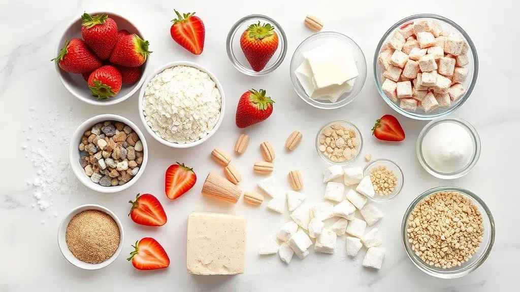 Strawberry Shortcake Muddy Buddies 3 Ingredients for strawberry shortcake muddy buddies arranged before cooking