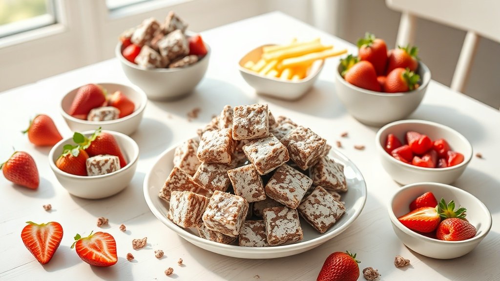 strawberry shortcake muddy buddies served with complementary sides