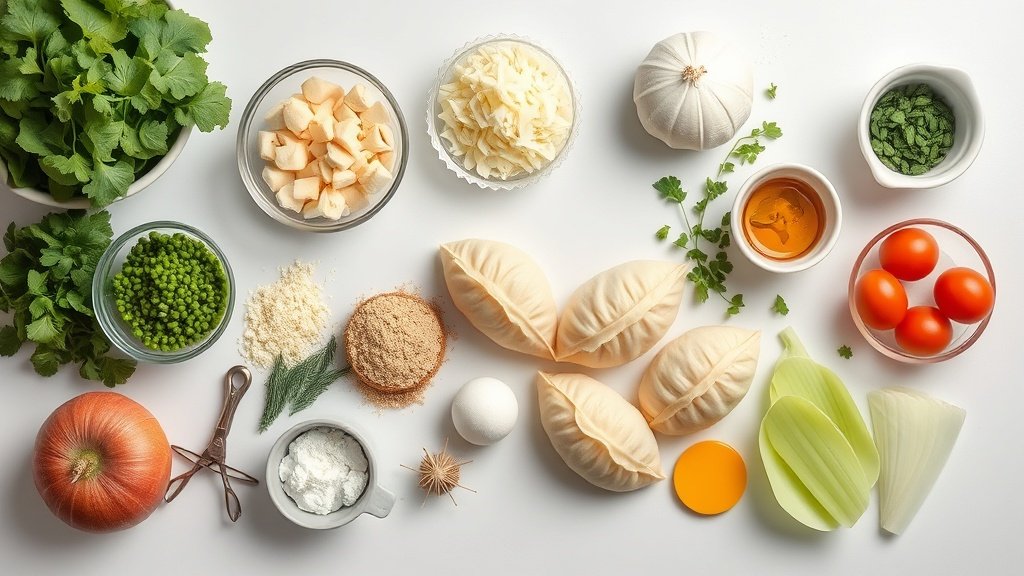 Ingredients for stuffed cabbage dumplings arranged before cooking