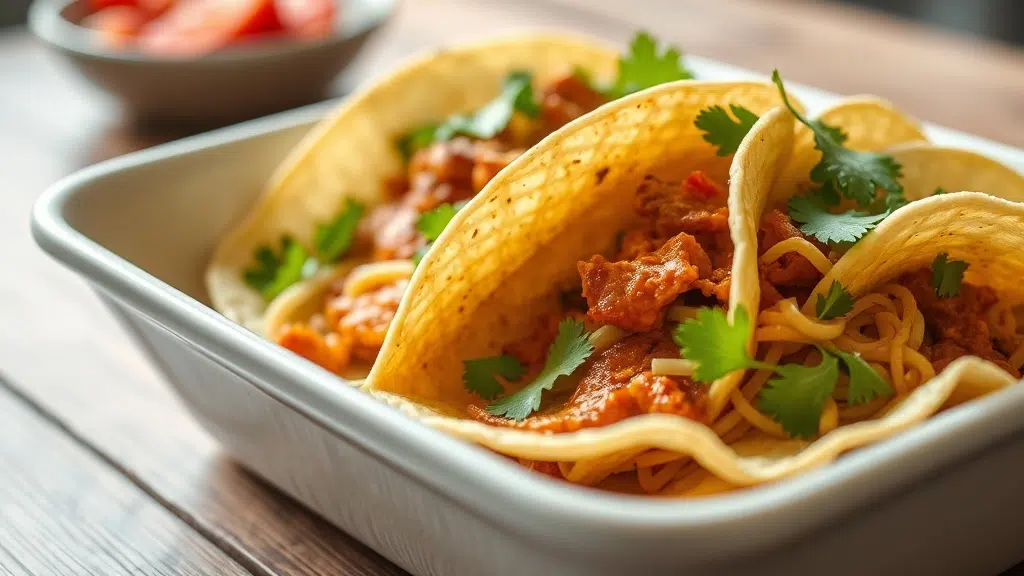 Close-up of walking tacos with seasoned beef, corn chips, cheese, sour cream, and green onions