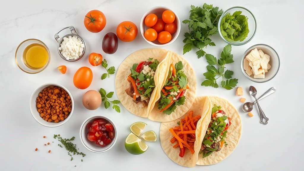Ingredients for walking tacos with ground beef, taco seasoning, tomatoes, beans, corn chips, cheese, sour cream, and green onions