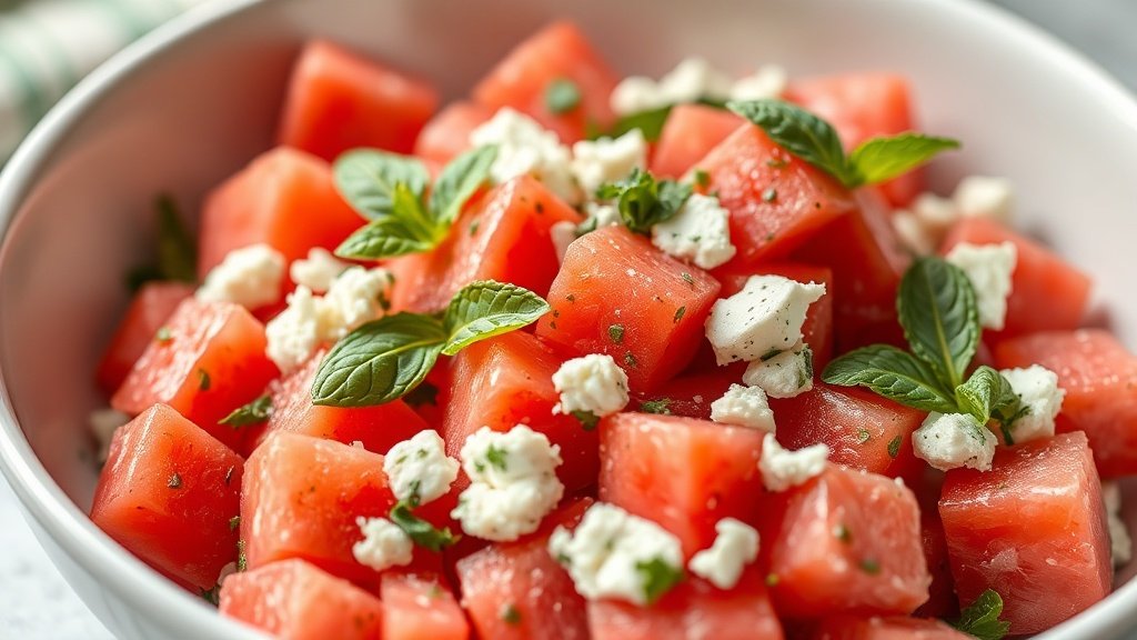 Close-up of watermelon feta salad with mint ready to serve