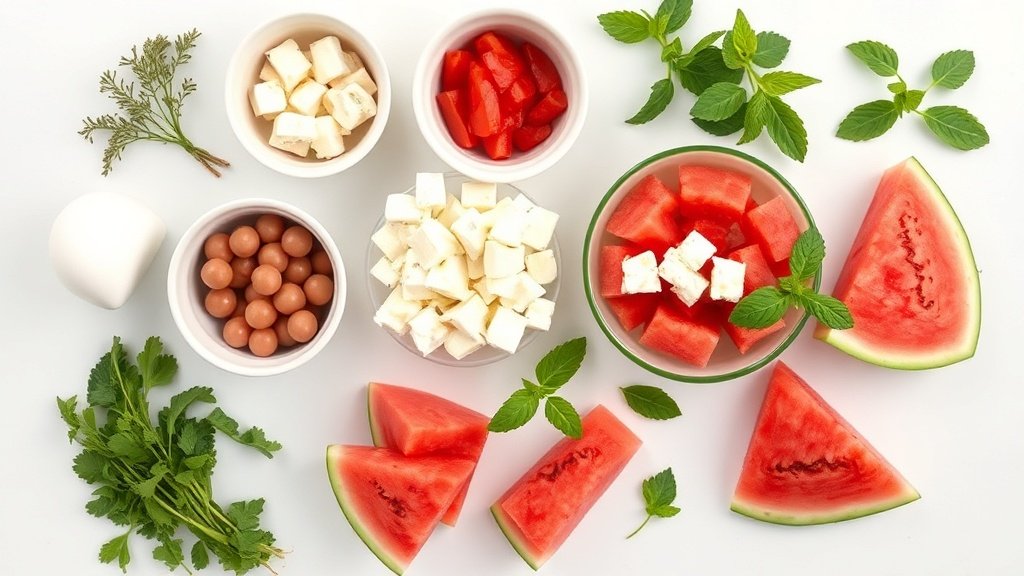 Ingredients for watermelon feta salad with mint arranged before cooking