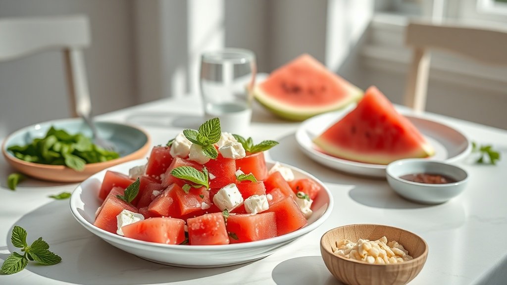 watermelon feta salad with mint served with complementary sides