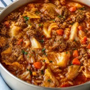 Bowl of Golumpki Soup with cabbage, rice, and savory tomato broth