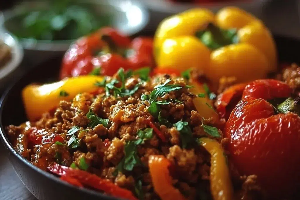 Ground turkey and peppers dish served on a plate for a healthy meal option.