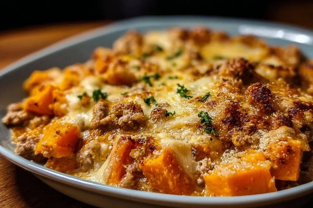 Ground Turkey Sweet Potato Bake dish topped with herbs and served warm.