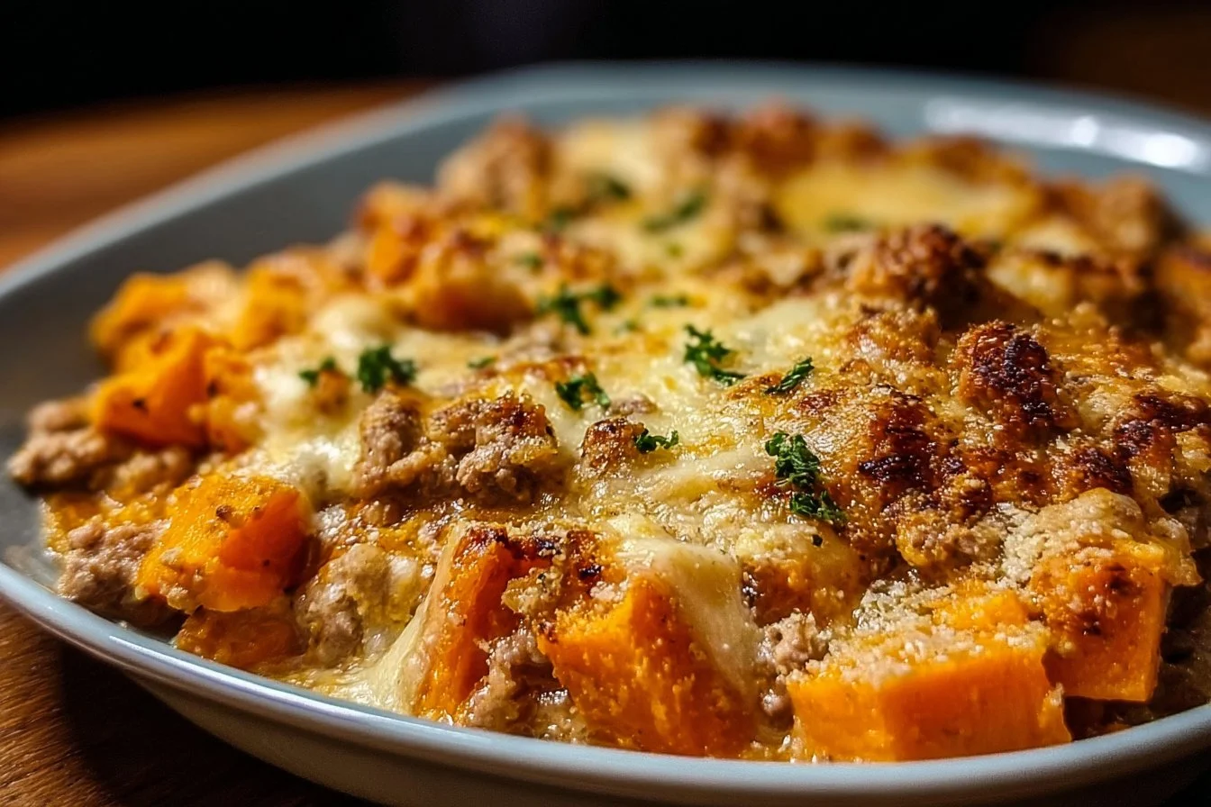 Ground Turkey Sweet Potato Bake dish topped with herbs and served warm.