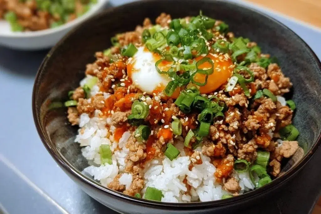 Ground Turkey Teriyaki Rice Bowl served with vegetables