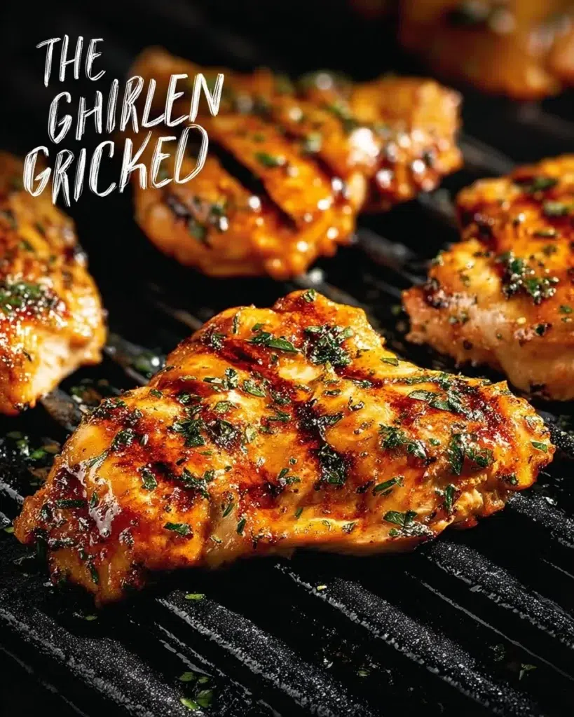 Grilled herb-marinated chicken breast served on a plate with fresh herbs