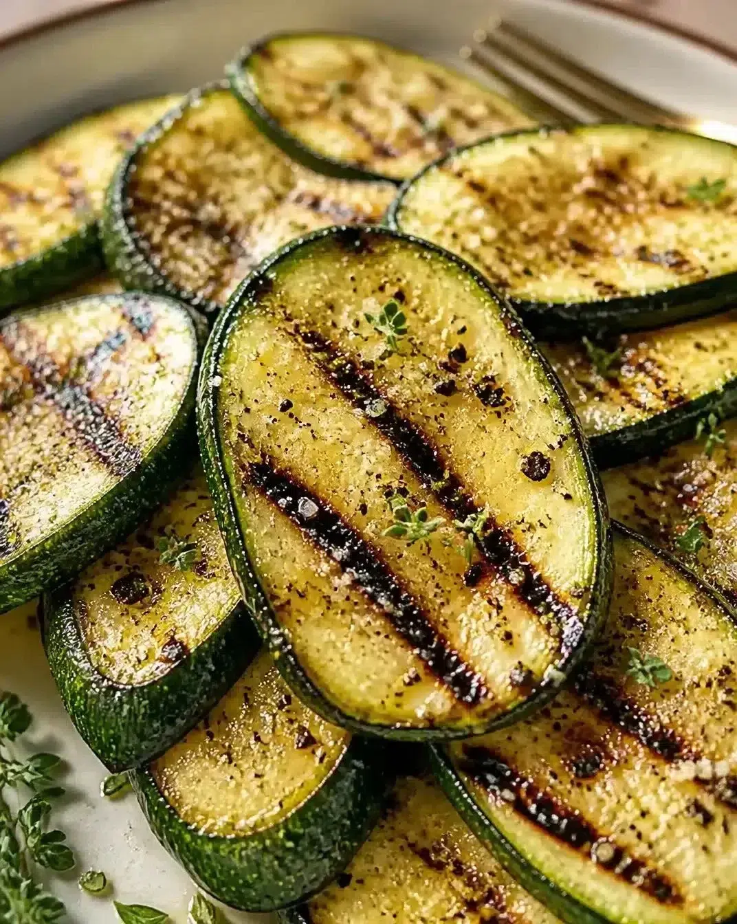 Grilled herb-infused zucchini garnished with fresh herbs and spices
