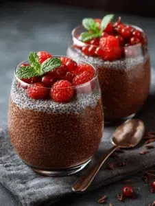High-protein chocolate chia pudding in a bowl topped with berries