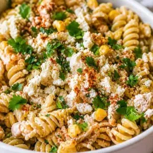High-protein pasta salad with colorful vegetables and dressing