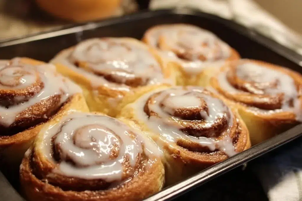 Freshly baked homemade cinnamon rolls with icing on top