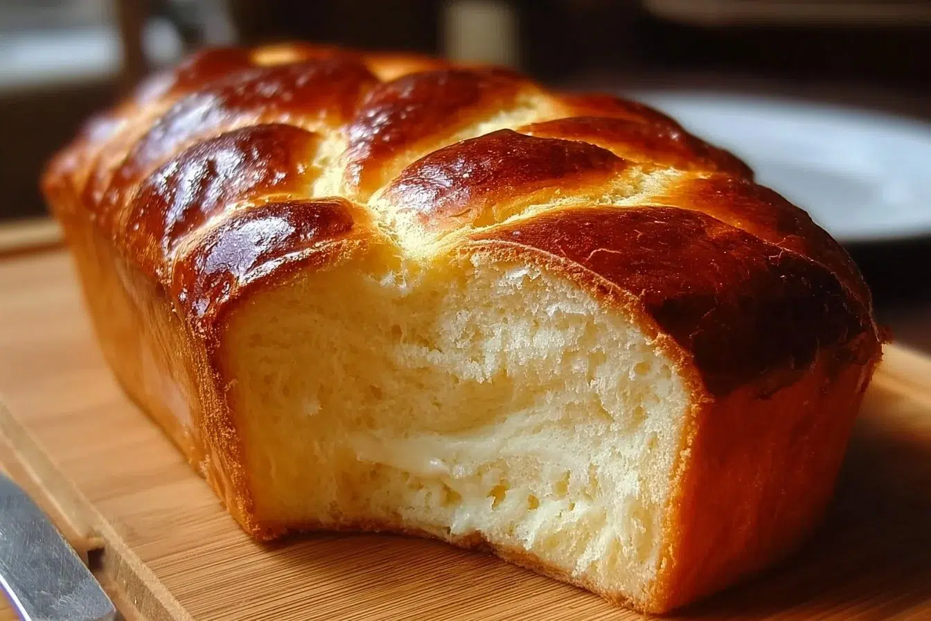 Homemade condensed milk bread fresh out of the oven, golden and fluffy.