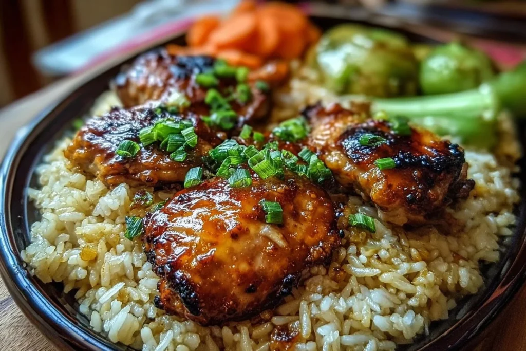 Delicious Honey BBQ Chicken served over rice with a side of vegetables