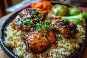 Delicious Honey BBQ Chicken served over rice with a side of vegetables