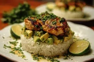 Honey Lime Chicken served with avocado rice stacks on a plate.
