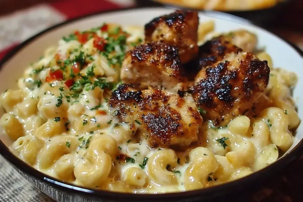 Plate of Honey Pepper Chicken served with creamy Mac and Cheese