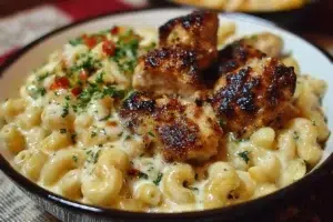 Plate of Honey Pepper Chicken served with creamy Mac and Cheese