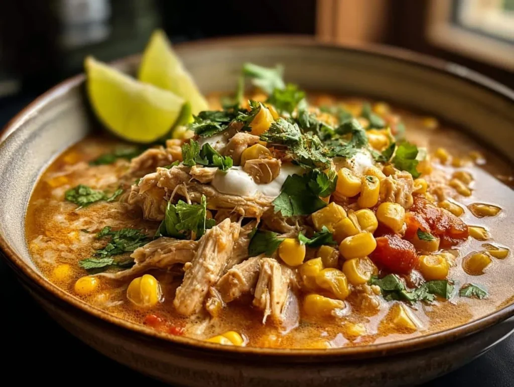 Bowl of Mexican street corn white chicken chili topped with cilantro and lime