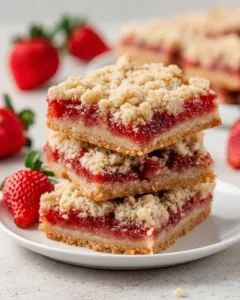 Irresistible Strawberry Oatmeal Bars 11 Irresistible strawberry oatmeal bars on a plate, garnished with fresh strawberries.
