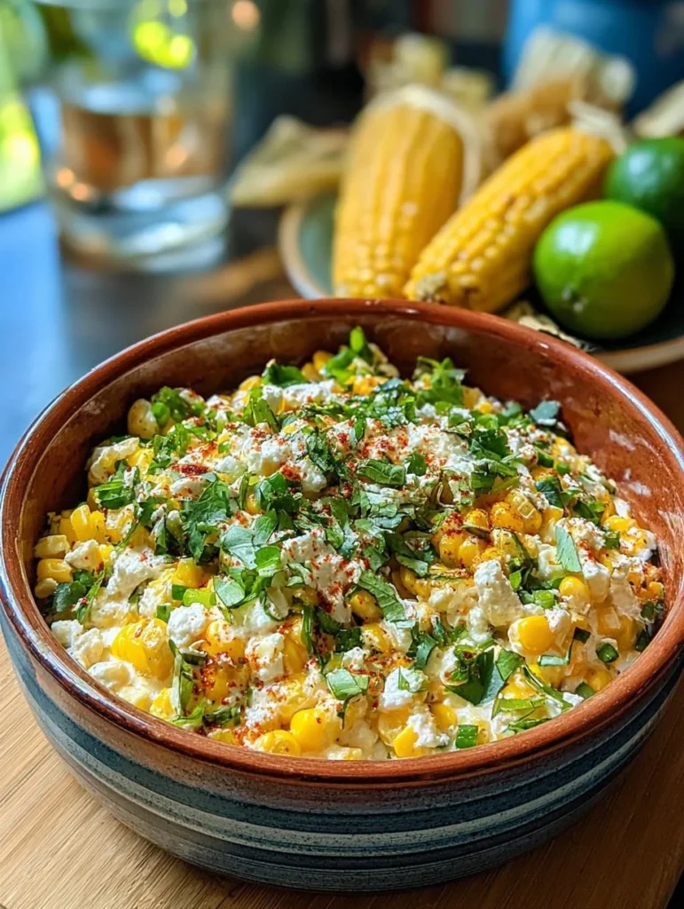 Creamy street corn dip served in a bowl with fresh toppings