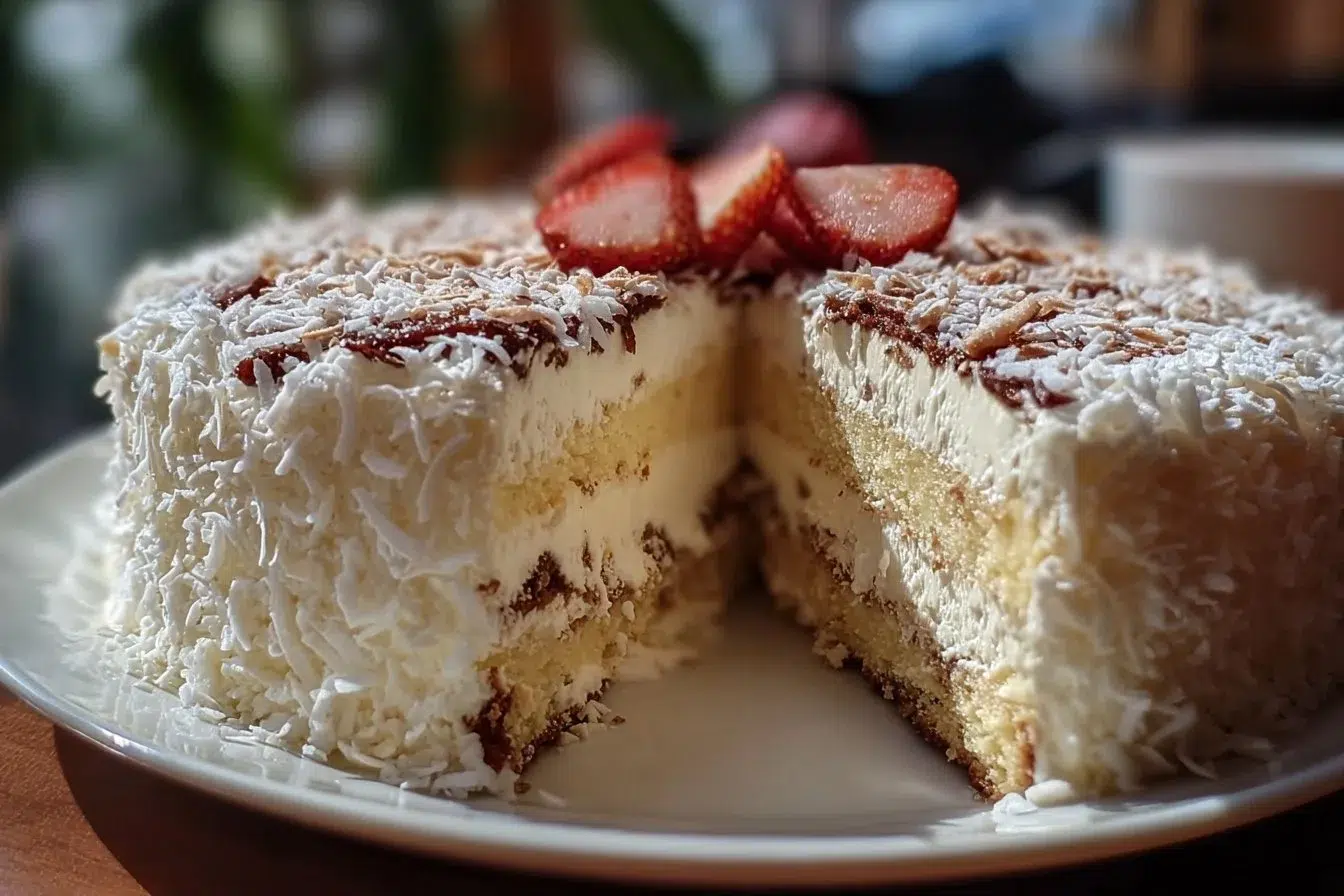 Delicious Italian Cream Cake with cream cheese frosting and pecans on top