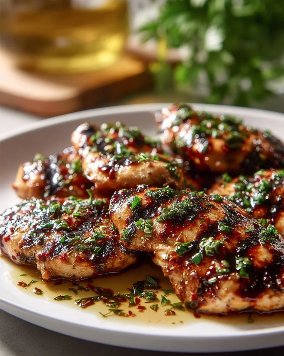 Juicy, flavorful grilled chicken served on a plate with herbs and spices.