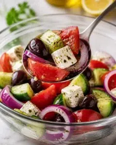 Ketogenic Greek Salad with cucumbers, tomatoes, olives, and feta cheese
