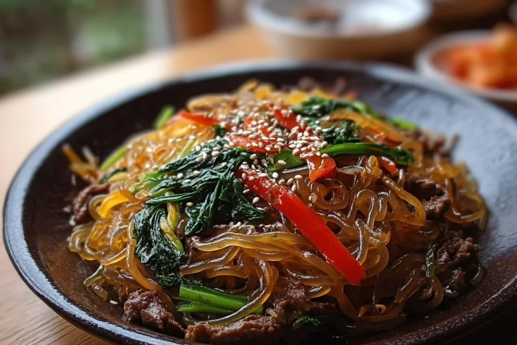 Korean glass noodles stir-fry with vegetables and sauce in a bowl