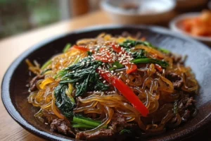 Korean Glass Noodles Stir-Fry 4 Korean glass noodles stir-fry with vegetables and sauce in a bowl