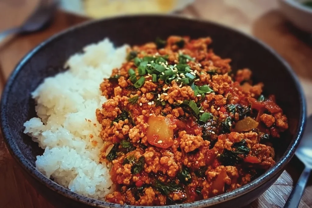 Plated Korean-Style Ground Turkey with vegetables and sesame seeds on top.
