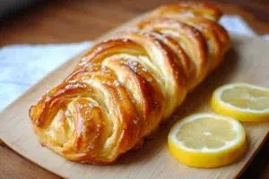 Lemon cream cheese puff pastry braid with a golden-brown crust