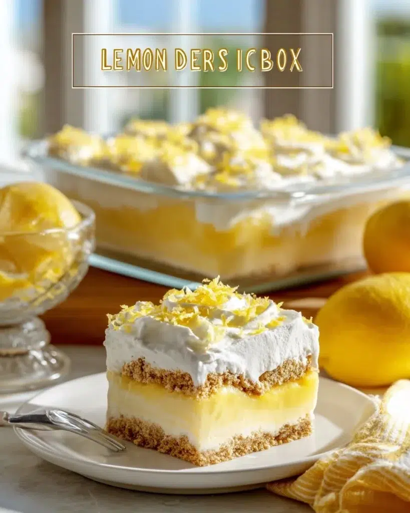 Delicious slice of Lemon Icebox Pie topped with whipped cream