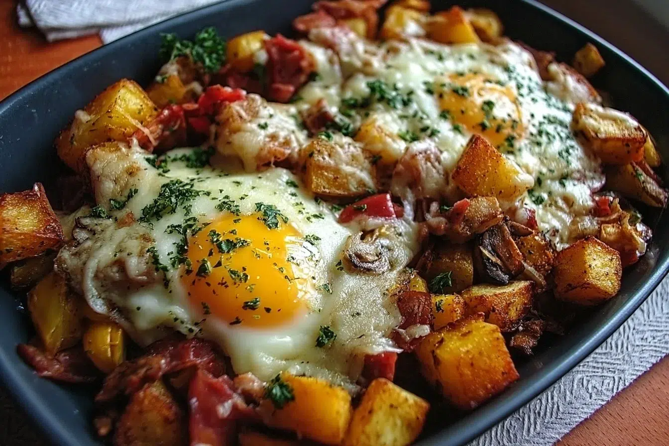 Delicious loaded breakfast hash with potatoes, eggs, and veggies